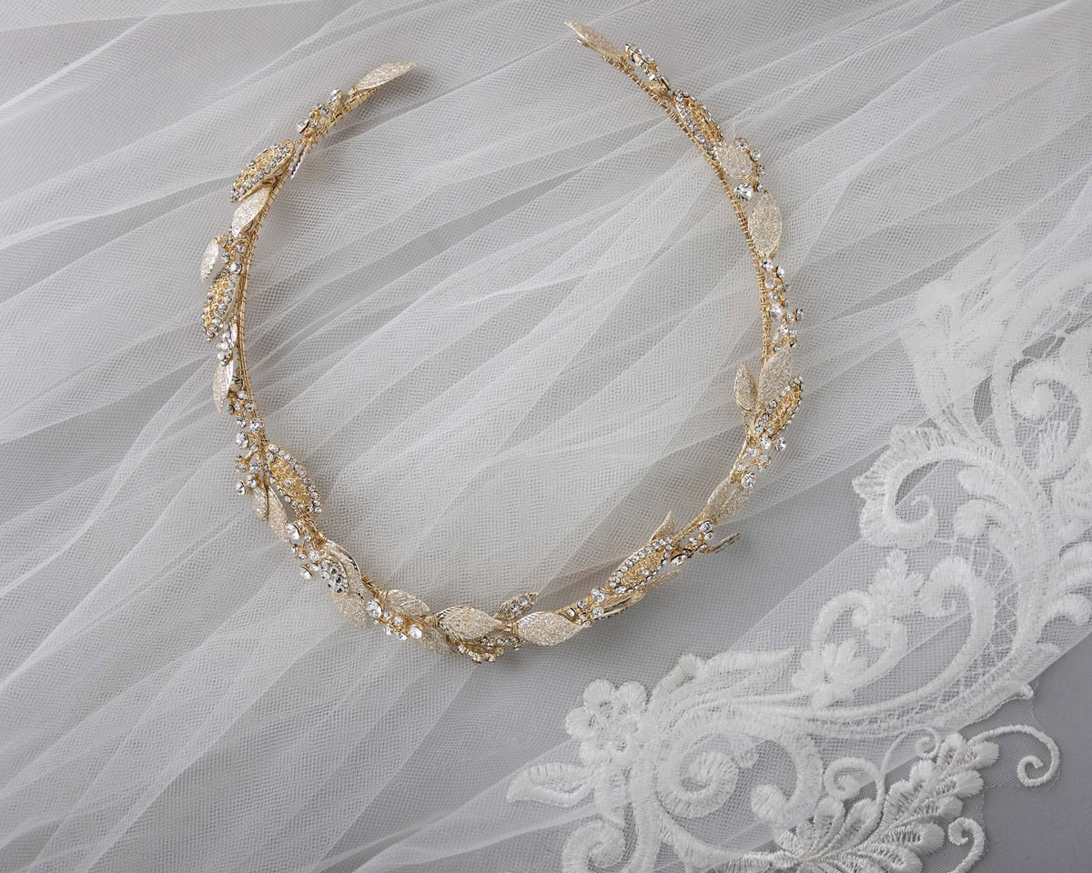 Light Gold Bridal Headband with Shimmer Leaves - Headband - Cassandra Lynne