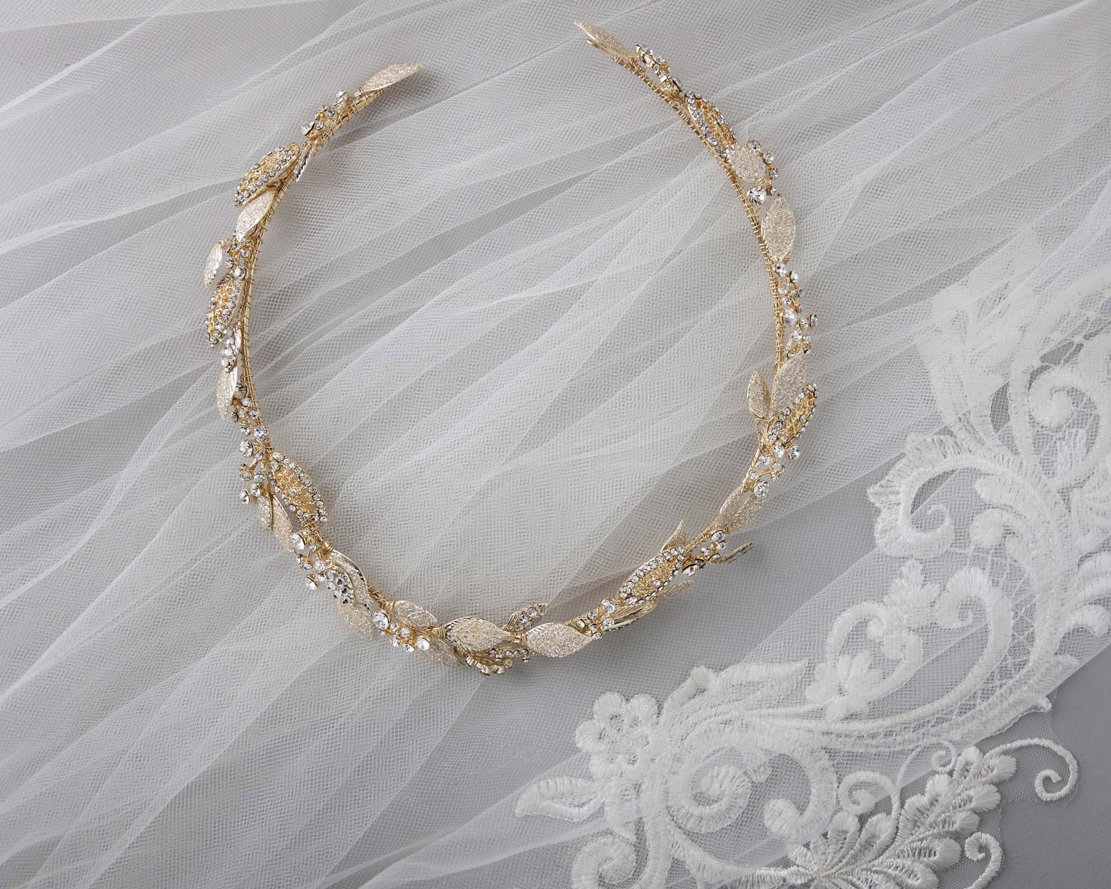 Light Gold Bridal Headband with Shimmer Leaves - Headband - Cassandra Lynne