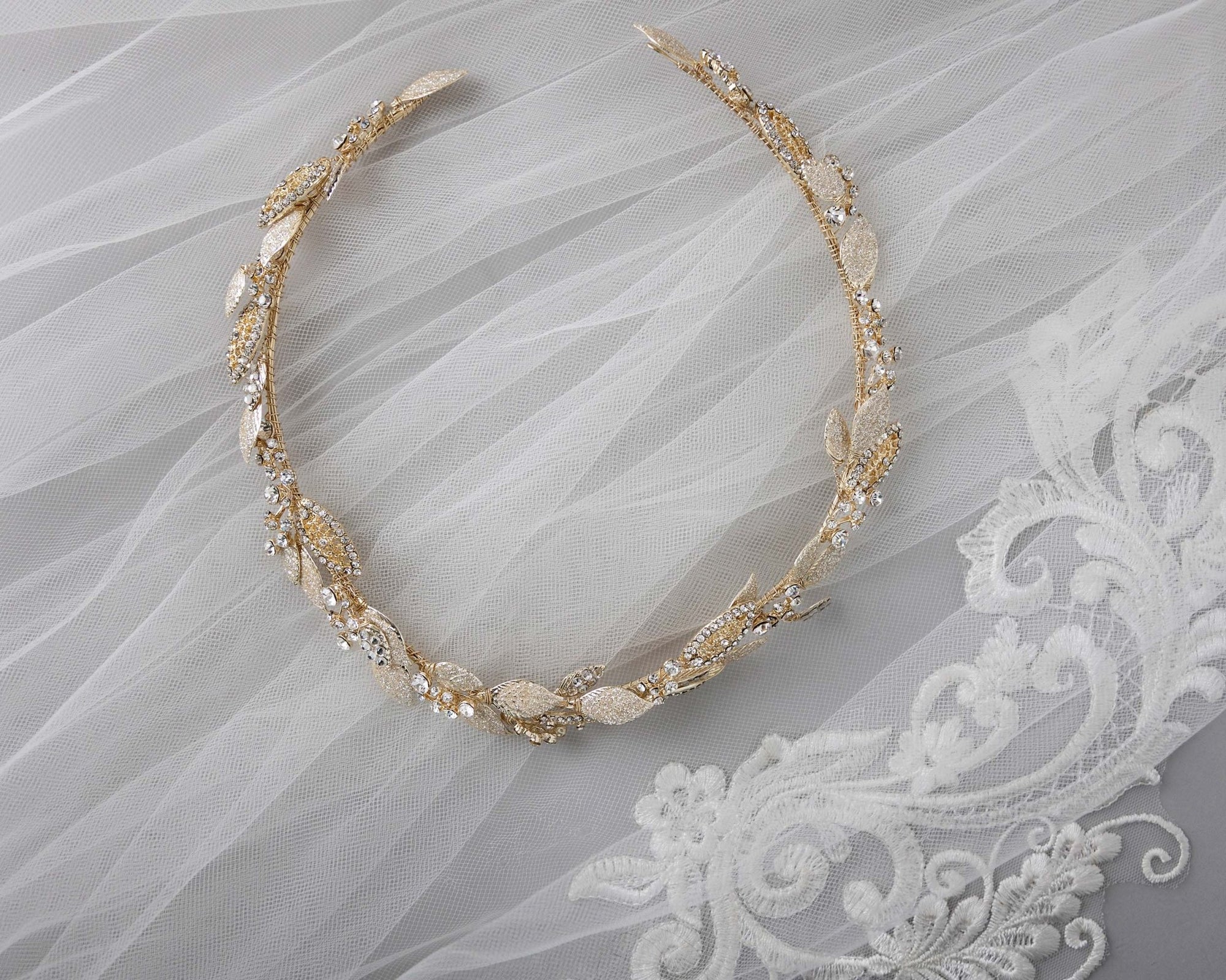 Light Gold Bridal Headband with Shimmer Leaves - Headband - Cassandra Lynne