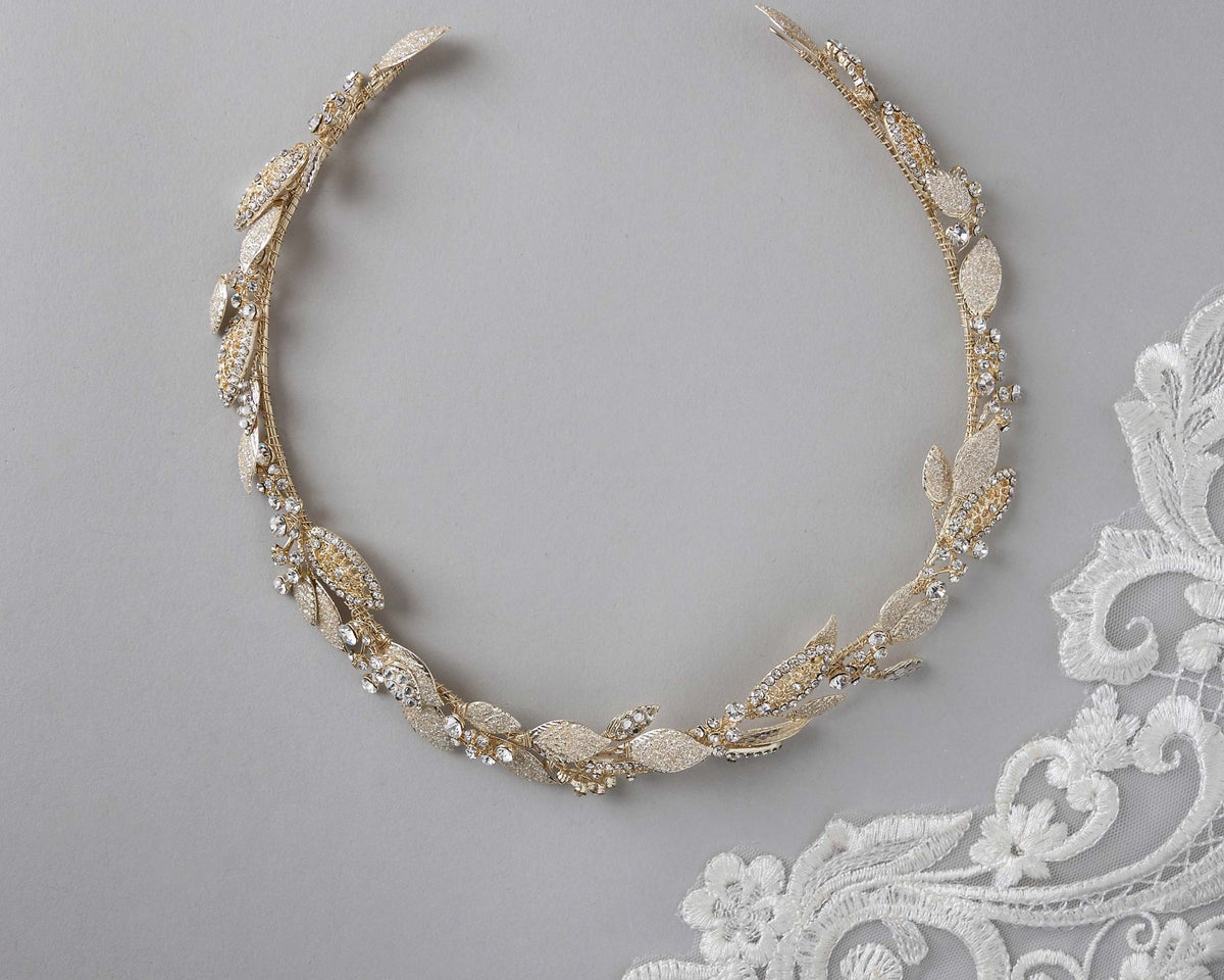 Light Gold Bridal Headband with Shimmer Leaves - Headband - Cassandra Lynne