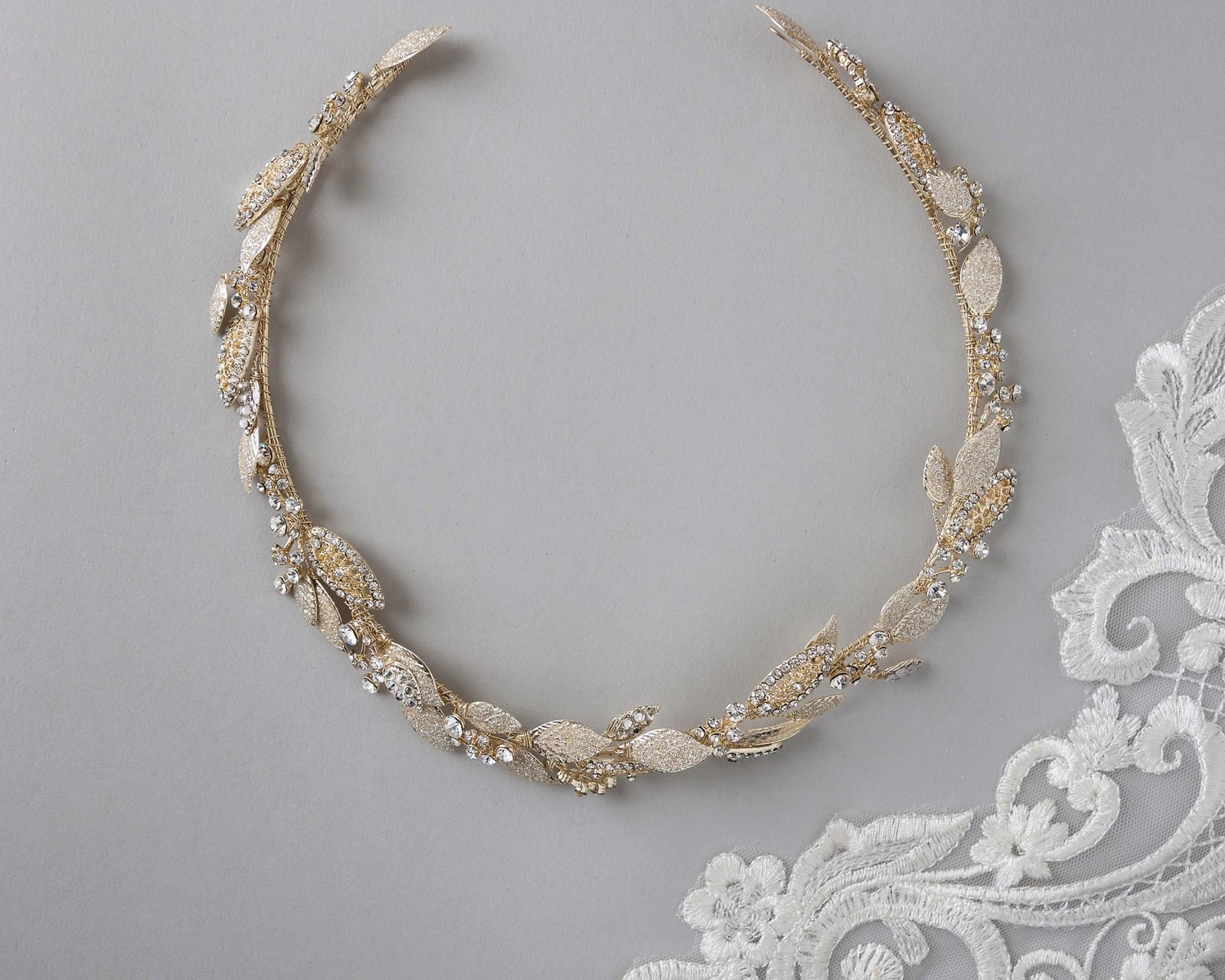 Light Gold Bridal Headband with Shimmer Leaves - Headband - Cassandra Lynne