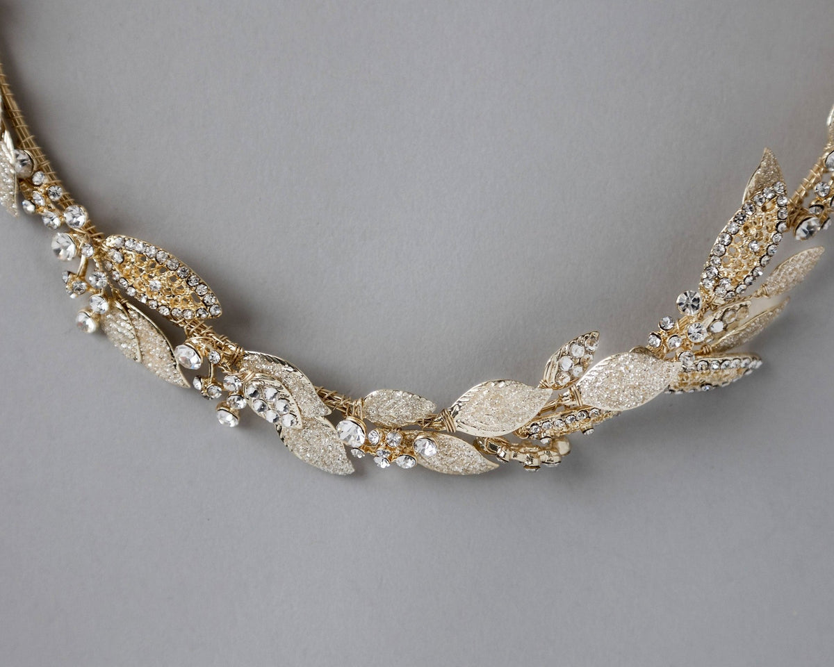 Light Gold Bridal Headband with Shimmer Leaves - Headband - Cassandra Lynne