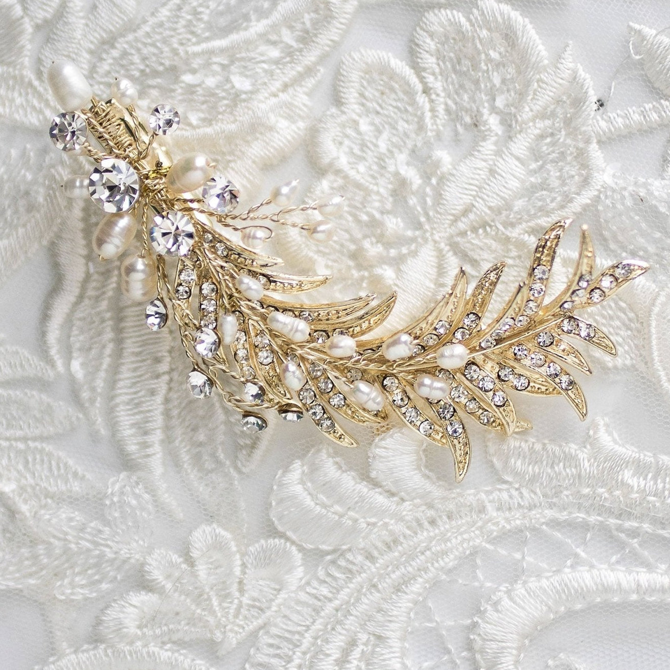 Light Gold Crystal Feather Hair Clip with Pearls - Hair Clips - Cassandra Lynne