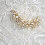 Light Gold Crystal Feather Hair Clip with Pearls - Hair Clips - Cassandra Lynne