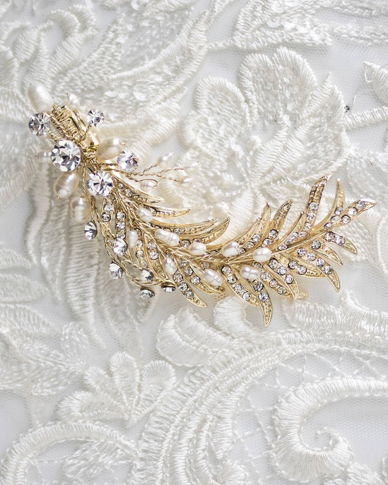 Light Gold Crystal Feather Hair Clip with Pearls - Hair Clips - Cassandra Lynne