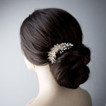 Light Gold Crystal Feather Hair Clip with Pearls - Hair Clips - Cassandra Lynne