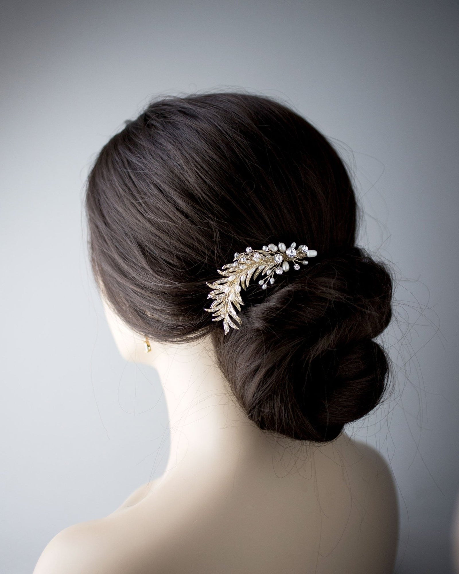 Light Gold Crystal Feather Hair Clip with Pearls - Hair Clips - Cassandra Lynne