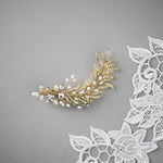 Light Gold Crystal Feather Hair Clip with Pearls - Hair Clips - Cassandra Lynne