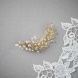 Light Gold Crystal Feather Hair Clip with Pearls - Hair Clips - Cassandra Lynne