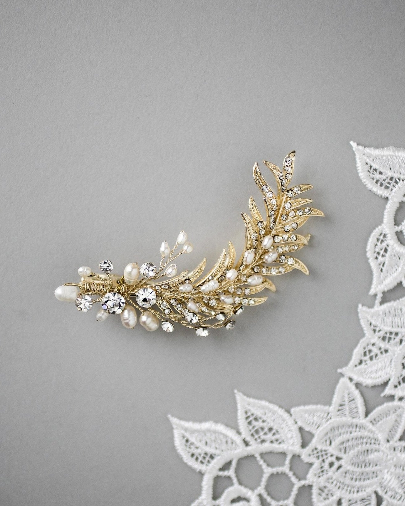 Light Gold Crystal Feather Hair Clip with Pearls - Hair Clips - Cassandra Lynne