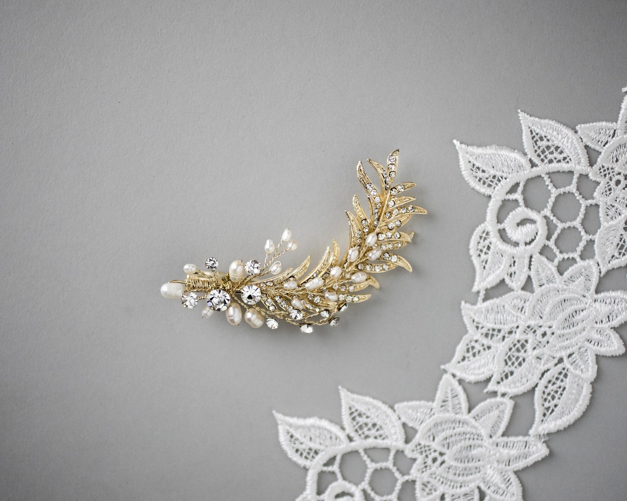 Light Gold Crystal Feather Hair Clip with Pearls - Hair Clips - Cassandra Lynne