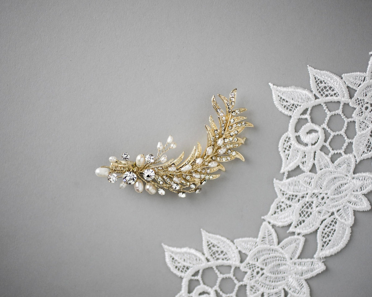 Light Gold Crystal Feather Hair Clip with Pearls - Hair Clips - Cassandra Lynne