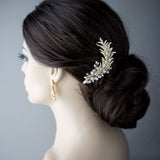 Light Gold Crystal Feather Hair Clip with Pearls - Hair Clips - Cassandra Lynne