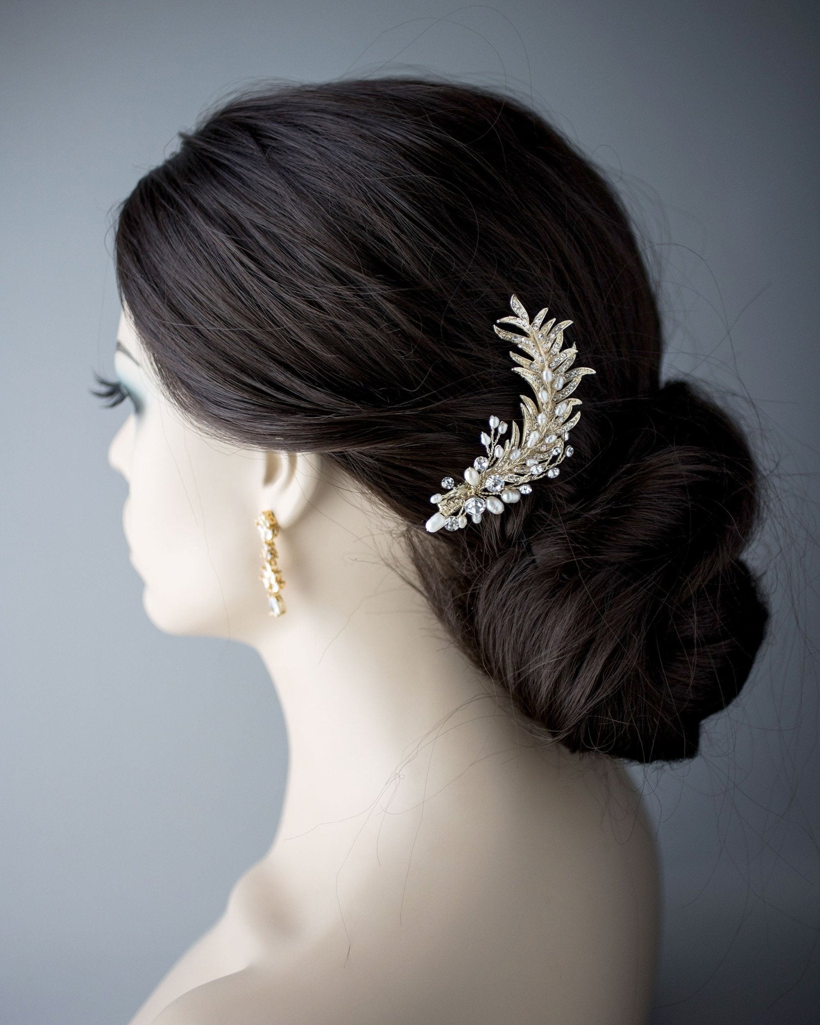 Light Gold Crystal Feather Hair Clip with Pearls - Hair Clips - Cassandra Lynne