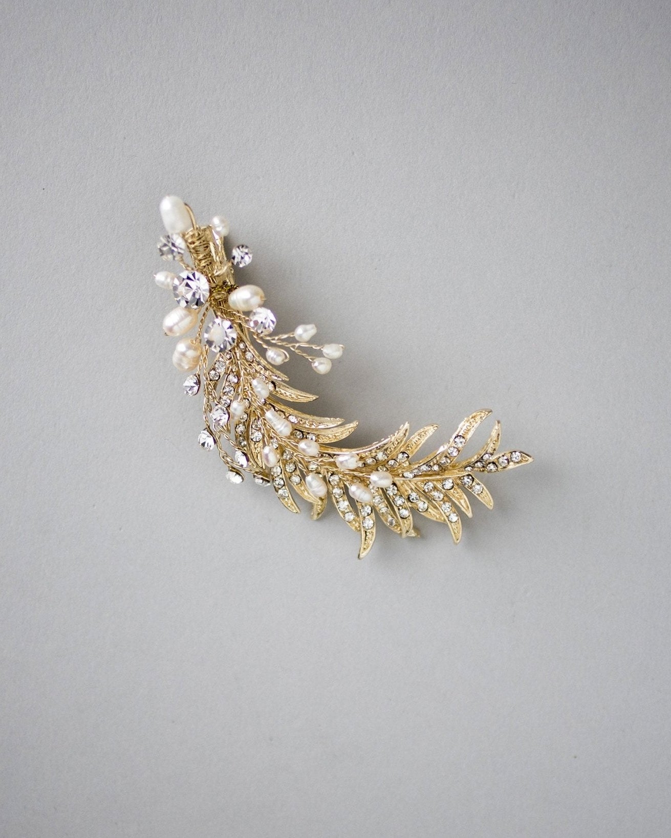 Light Gold Crystal Feather Hair Clip with Pearls - Hair Clips - Cassandra Lynne