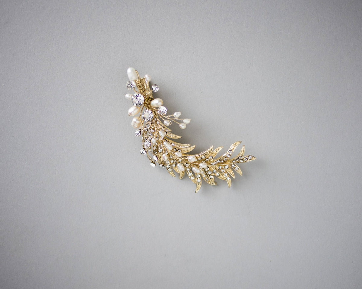 Light Gold Crystal Feather Hair Clip with Pearls - Hair Clips - Cassandra Lynne