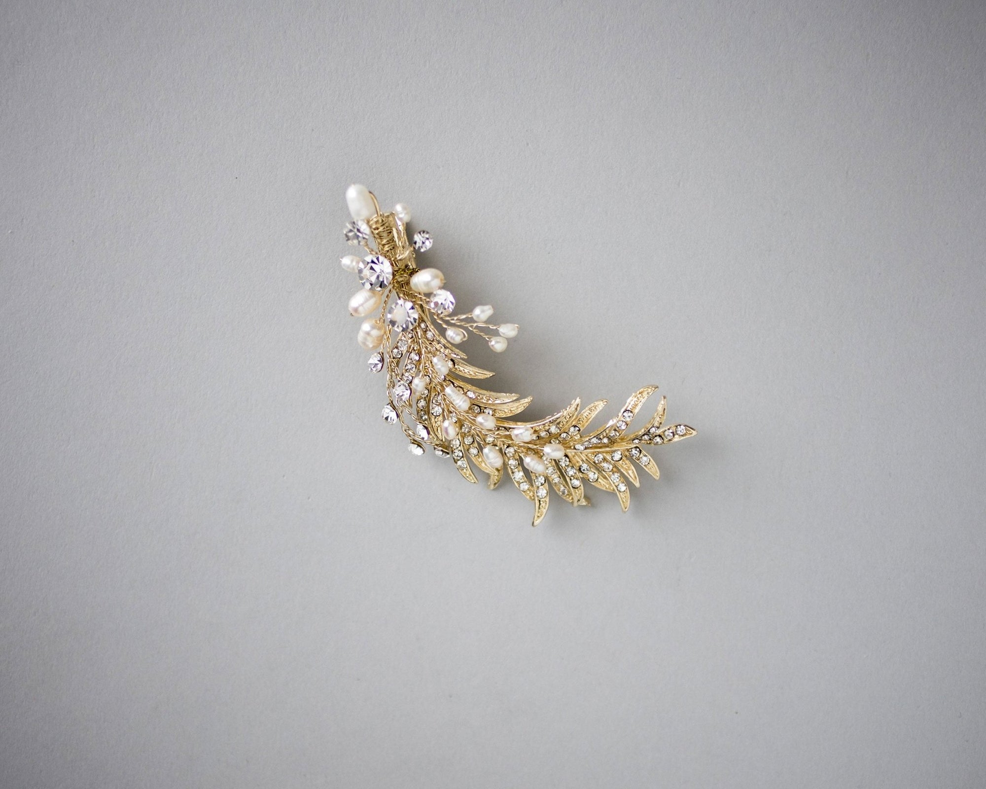 Light Gold Crystal Feather Hair Clip with Pearls - Hair Clips - Cassandra Lynne