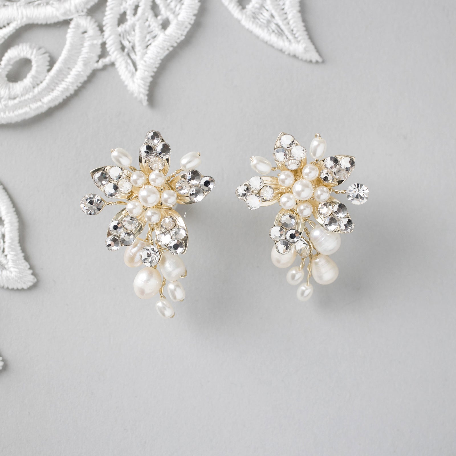 Handmade Freshwater Pearl Flower Earrings Light Gold - Cassandra Lynne