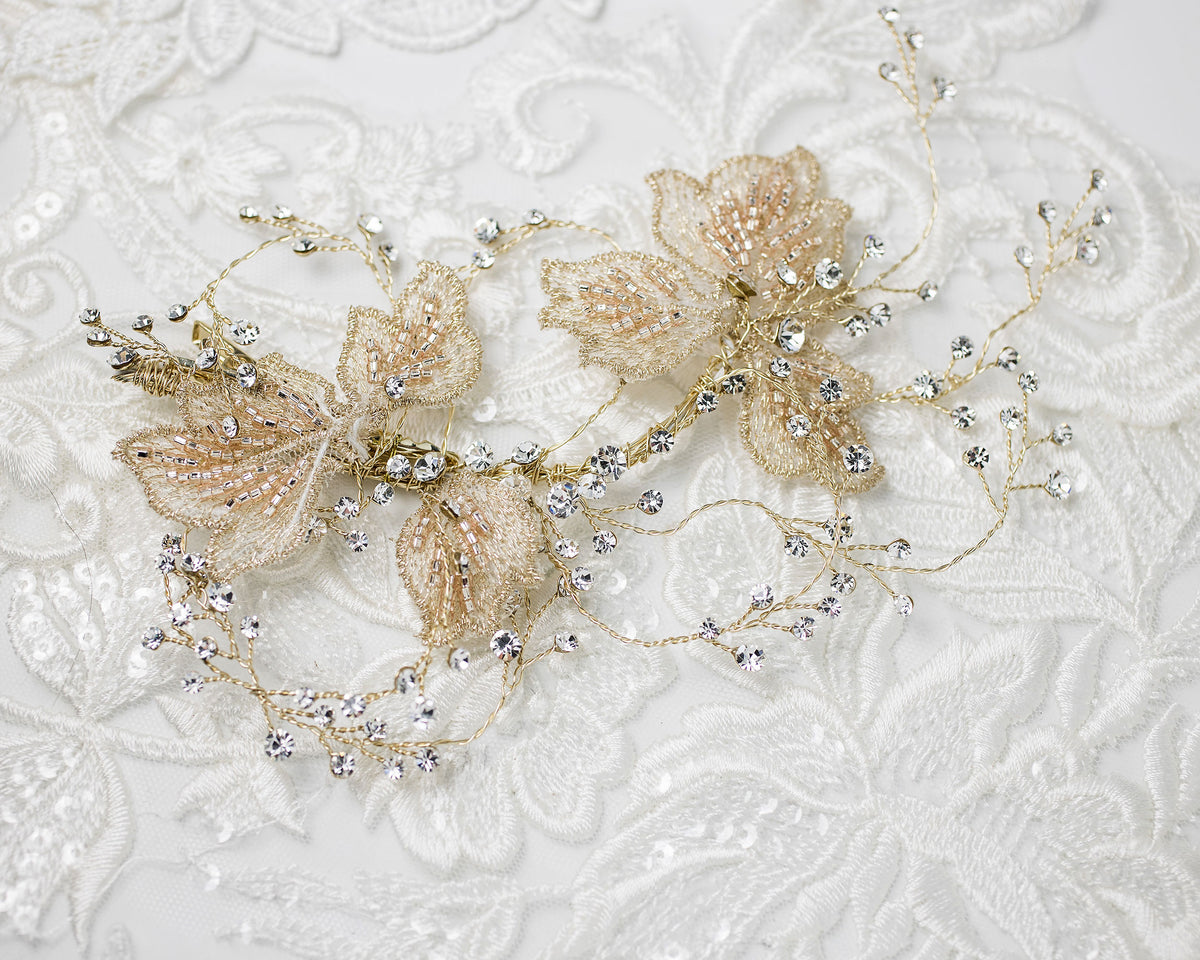 Blush Beaded Lace Leaves Bridal Hair Clip