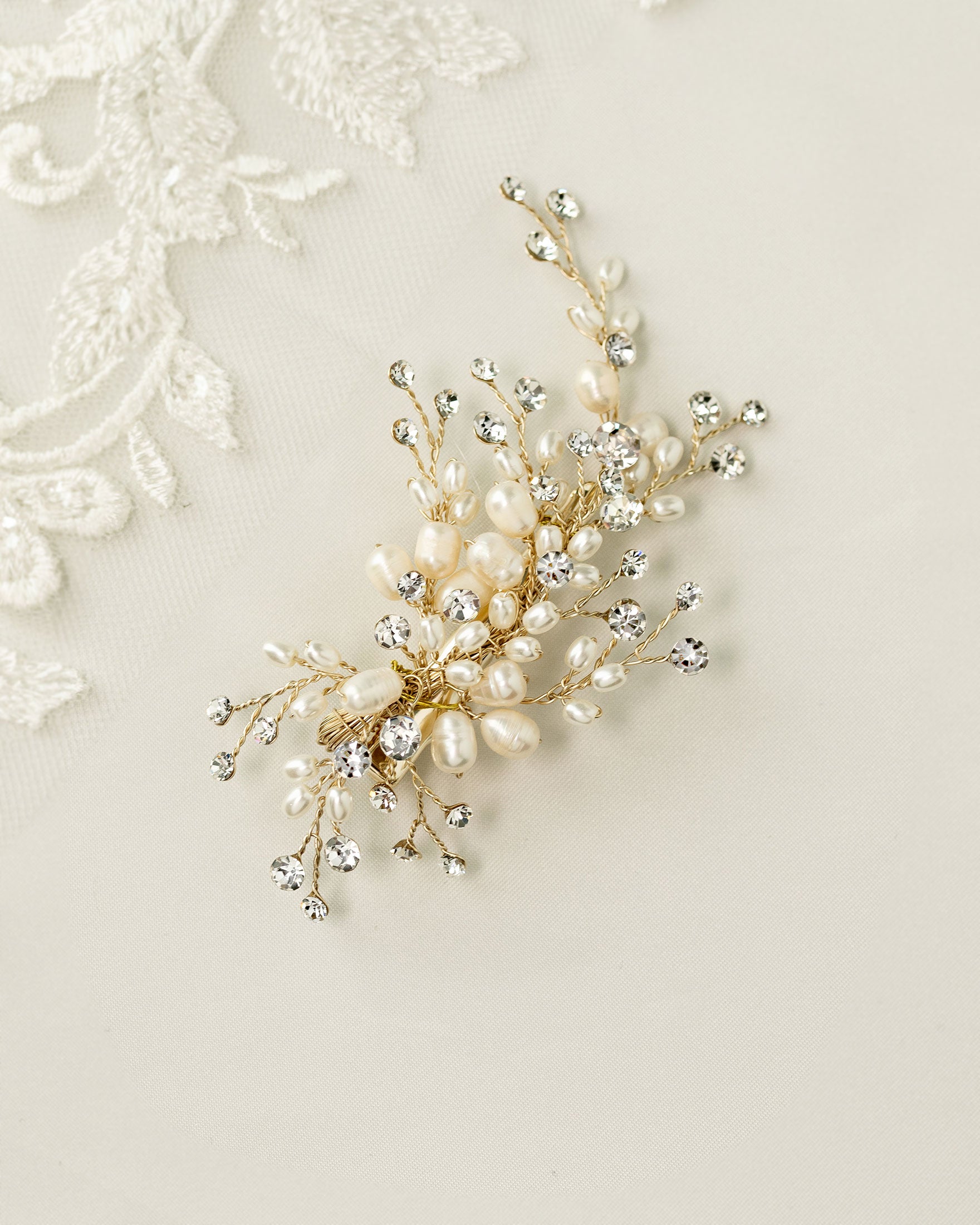 Pearl and Crystal Spray Wedding Hair Clip - Hair Clips - Cassandra Lynne