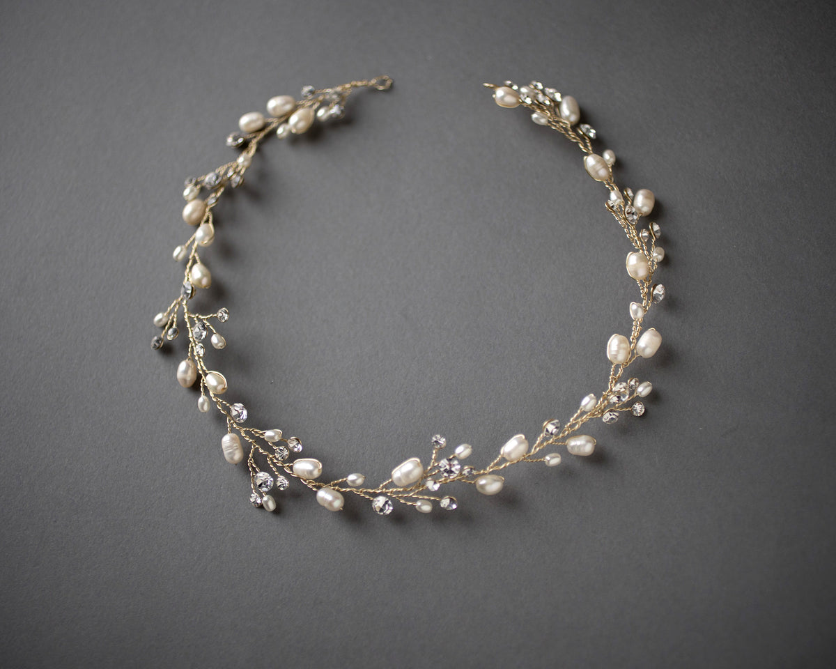 Wedding Hair Vine Headband of Freshwater Pearls and Rhinestones - Cassandra Lynne
