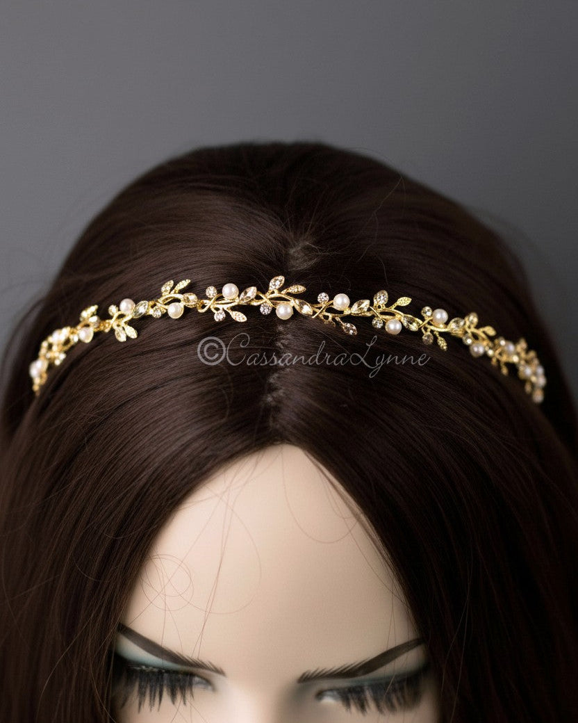 Gold headband with leaves and pearls simple - Cassandra Lynne