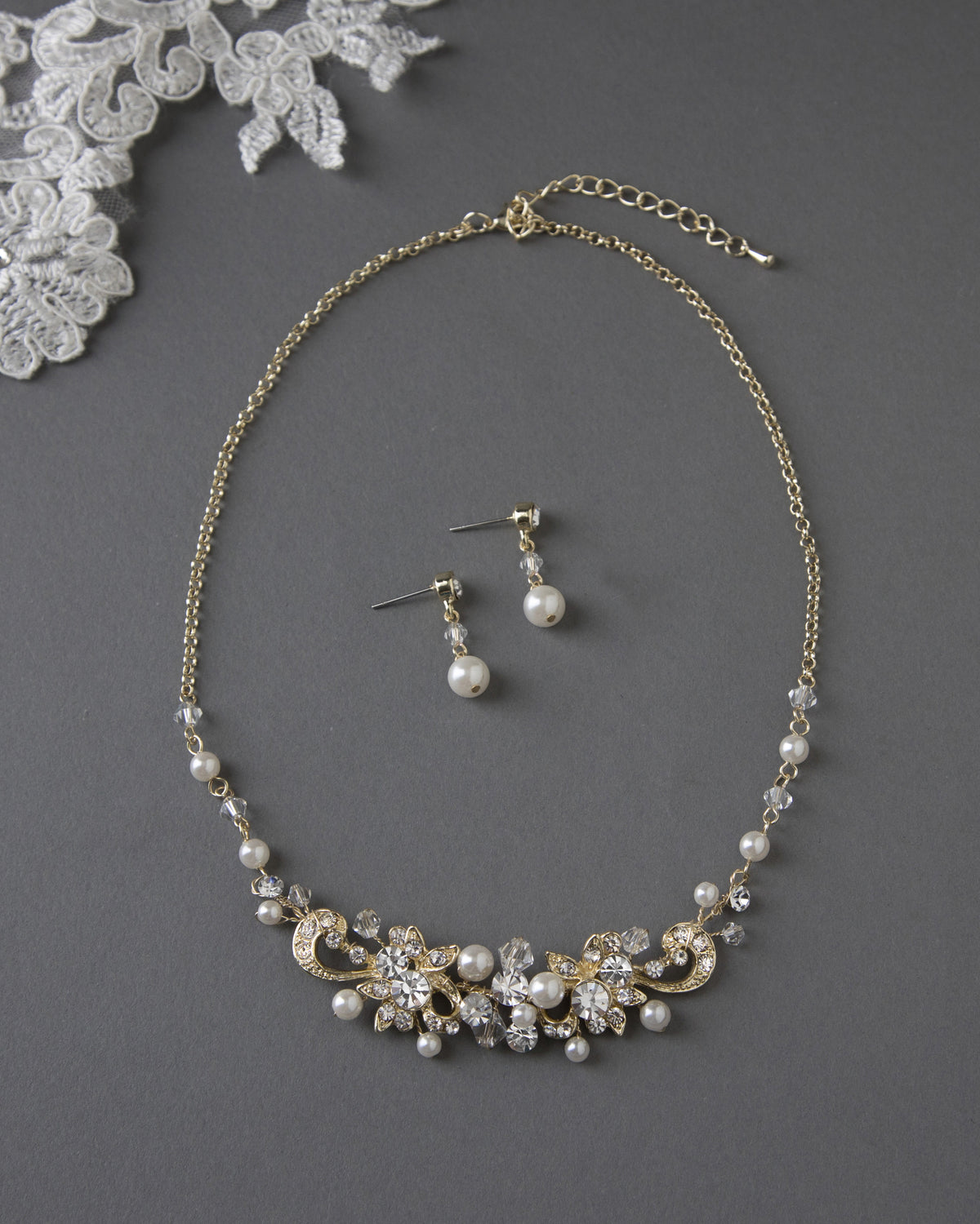 Bridal Necklace Set Of Floral Crystals and Ivory Pearls - Cassandra Lynne