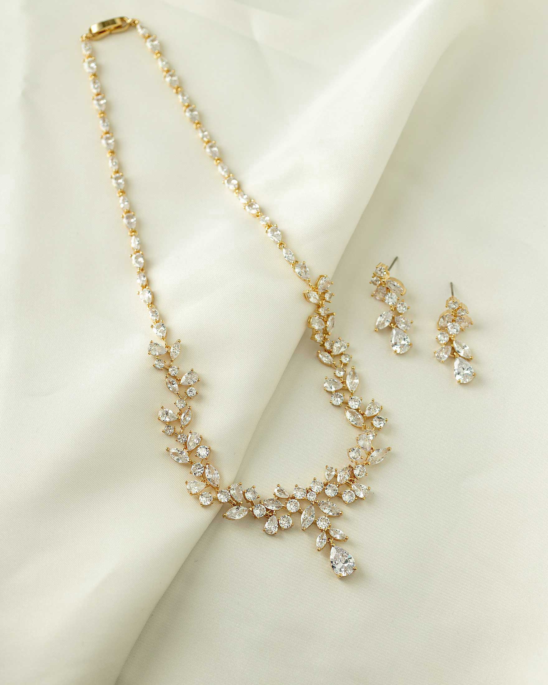 Pearl Wedding Necklace with CZ Leaves