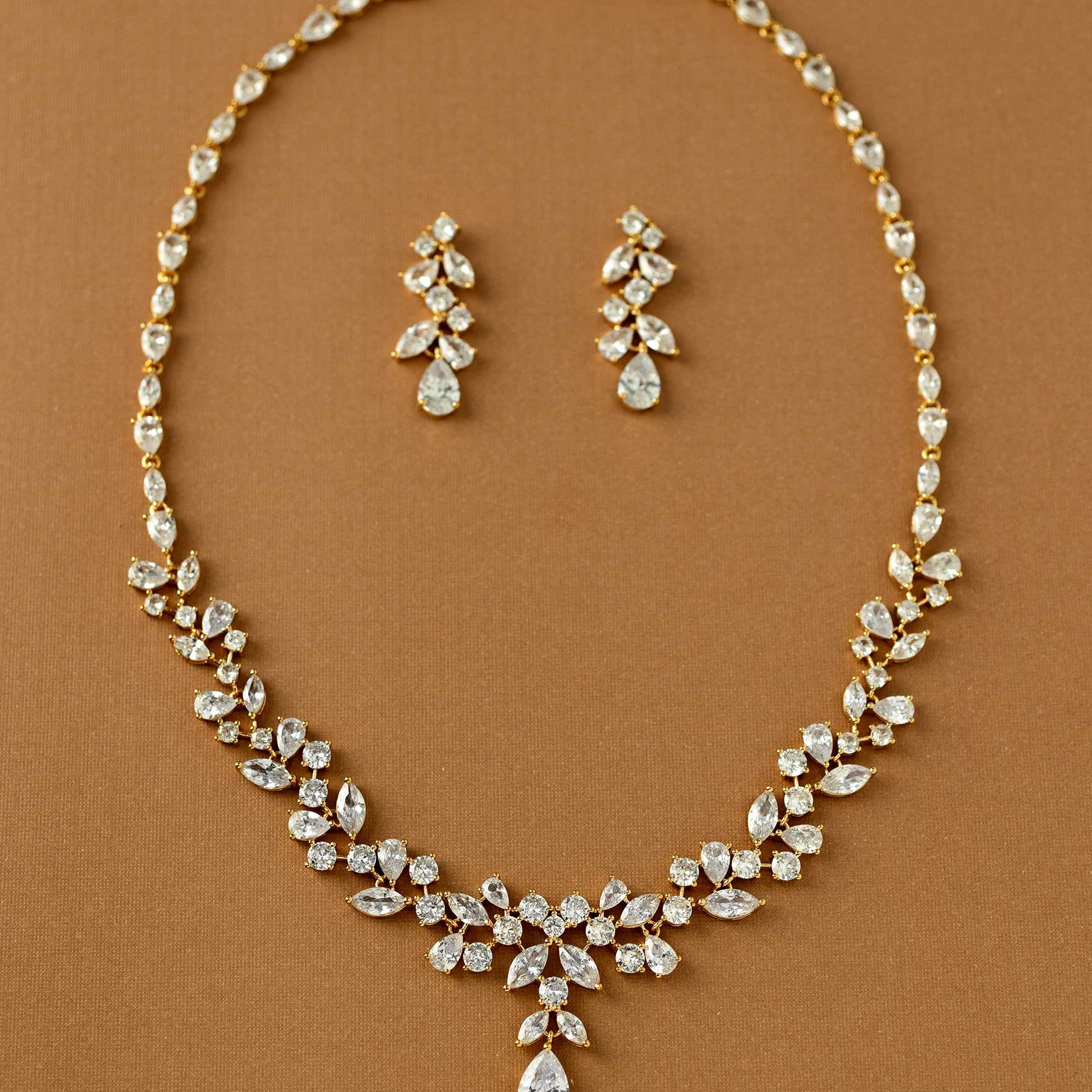 Pearl Wedding Necklace with CZ Leaves