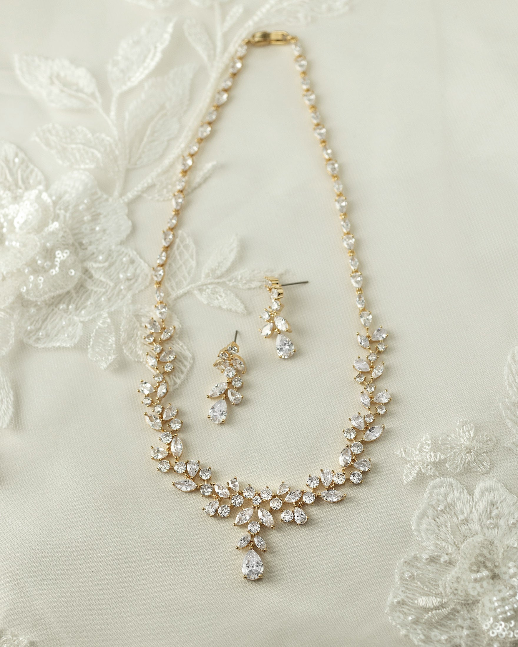 Pearl Wedding Necklace with CZ Leaves