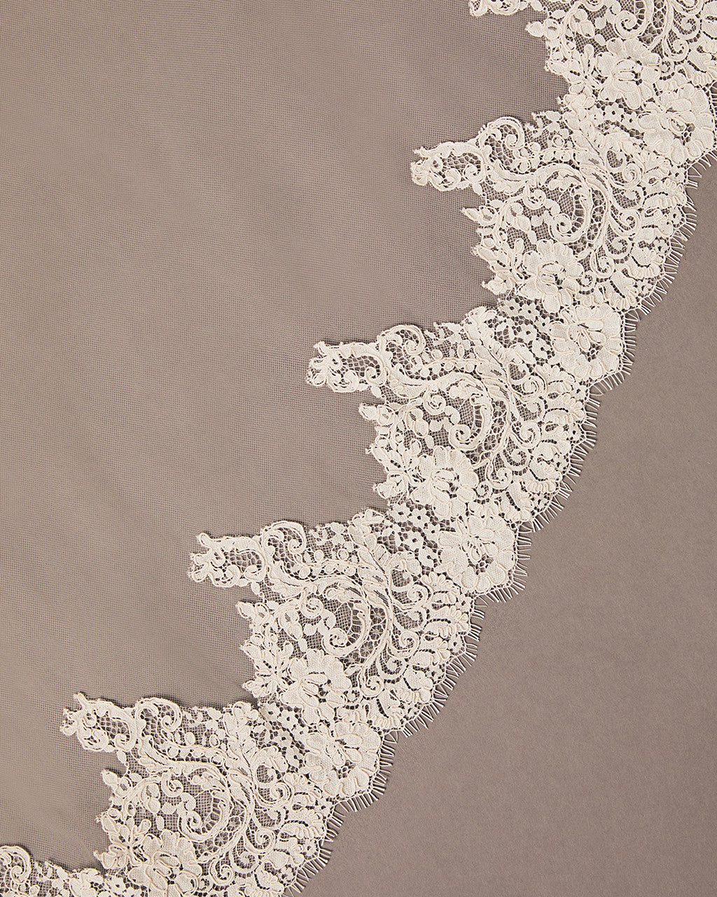 Close-up of intricate lace trim on a beige background Royal Cathedral Mantilla Veil with Wide Chantilly Lace