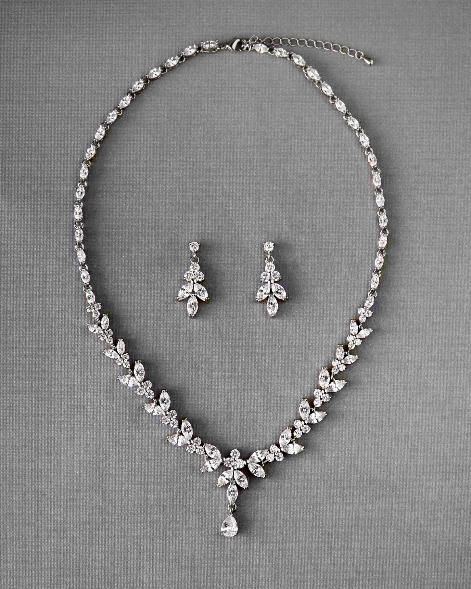 Marquise Leaf Bridal Necklace and Earrings Adjustable Set - Necklace Set - Cassandra Lynne