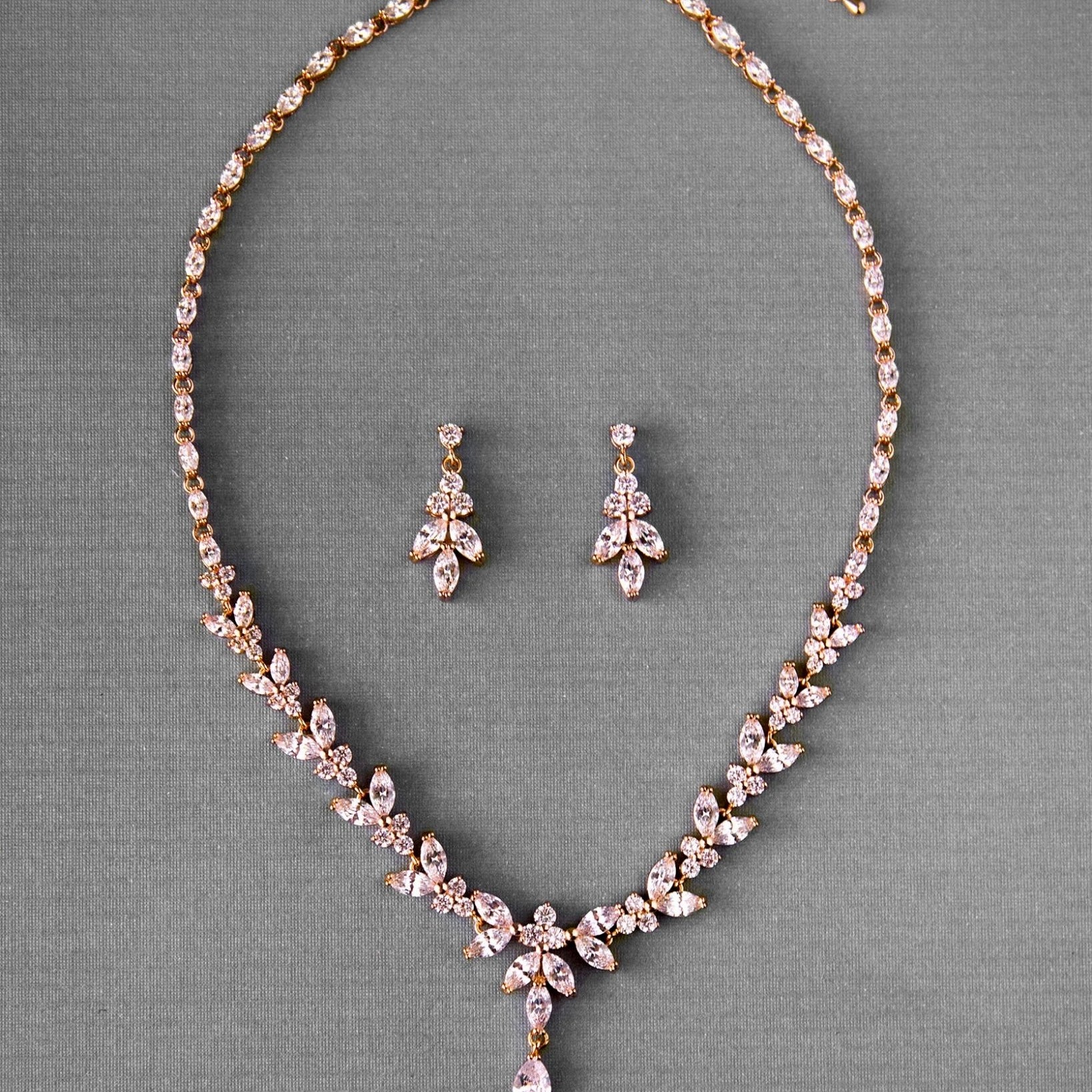 Marquise Leaf Bridal Necklace and Earrings Adjustable Set - Necklace Set - Cassandra Lynne