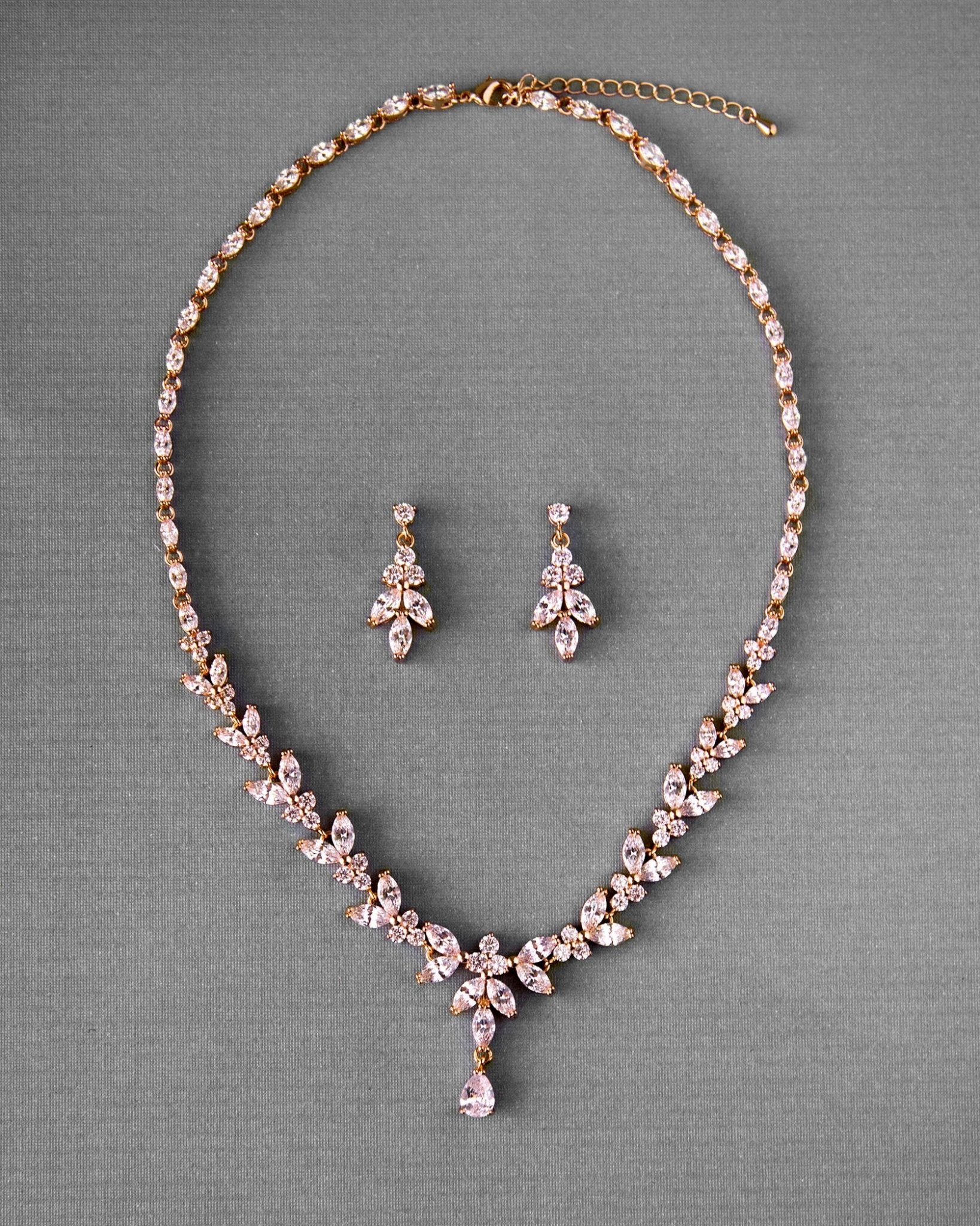 Marquise Leaf Bridal Necklace and Earrings Adjustable Set - Necklace Set - Cassandra Lynne