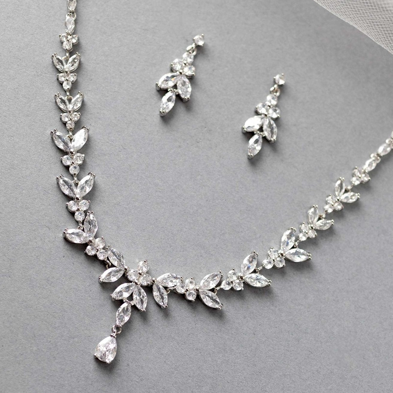 Marquise Leaf Bridal Necklace and Earrings - Necklace Set - Cassandra Lynne