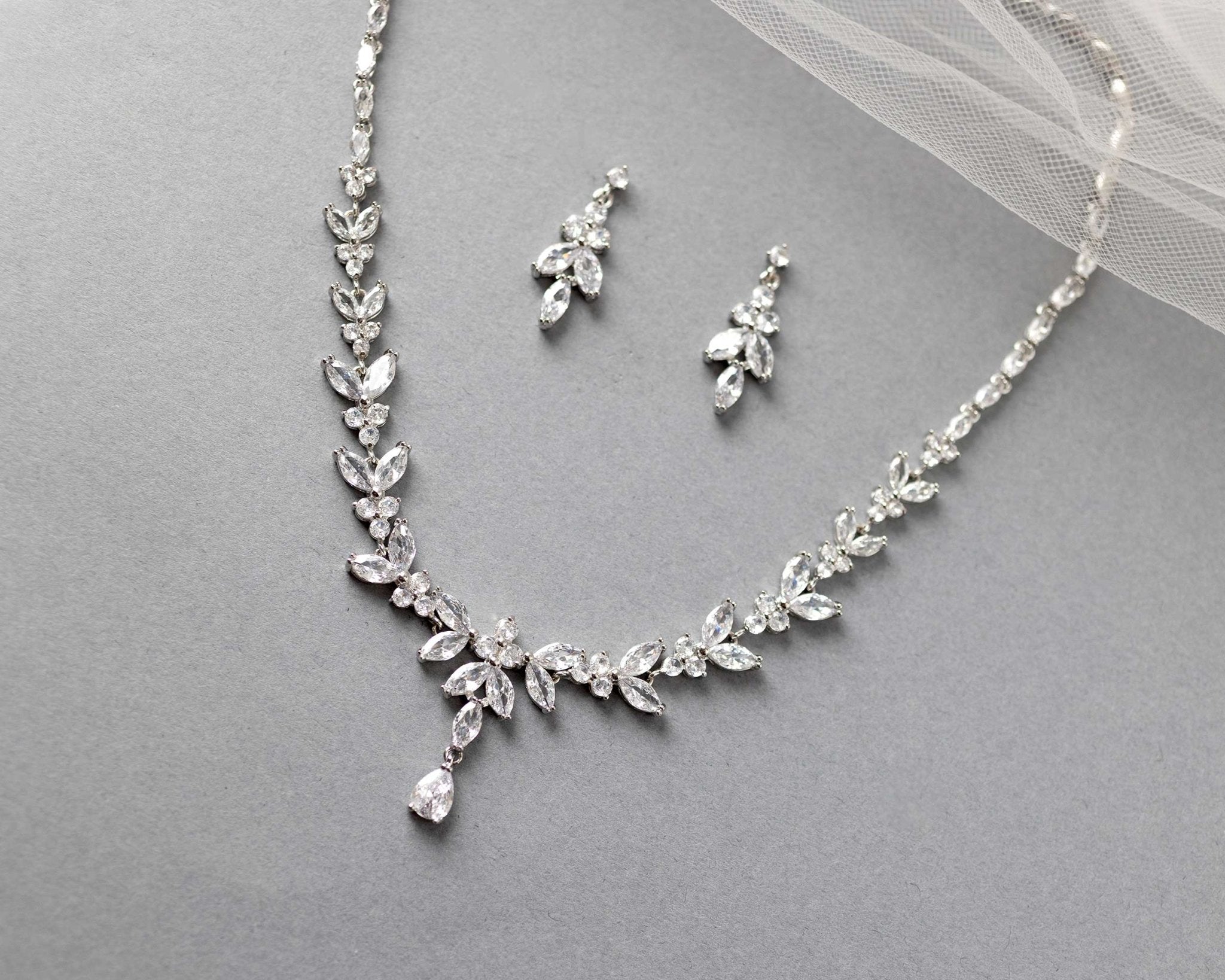 Marquise Leaf Bridal Necklace and Earrings - Necklace Set - Cassandra Lynne