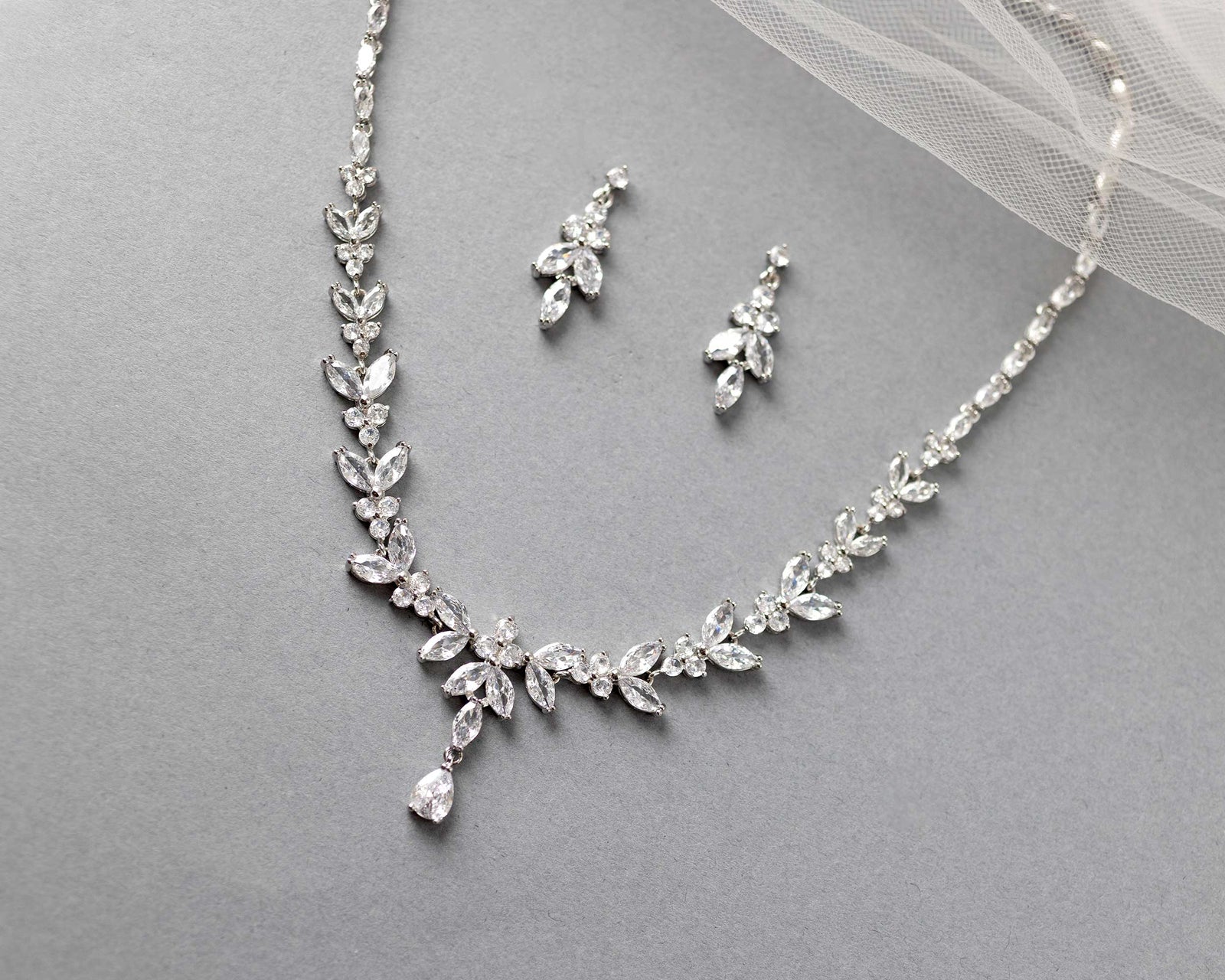 Marquise Leaf Bridal Necklace and Earrings - Cassandra Lynne