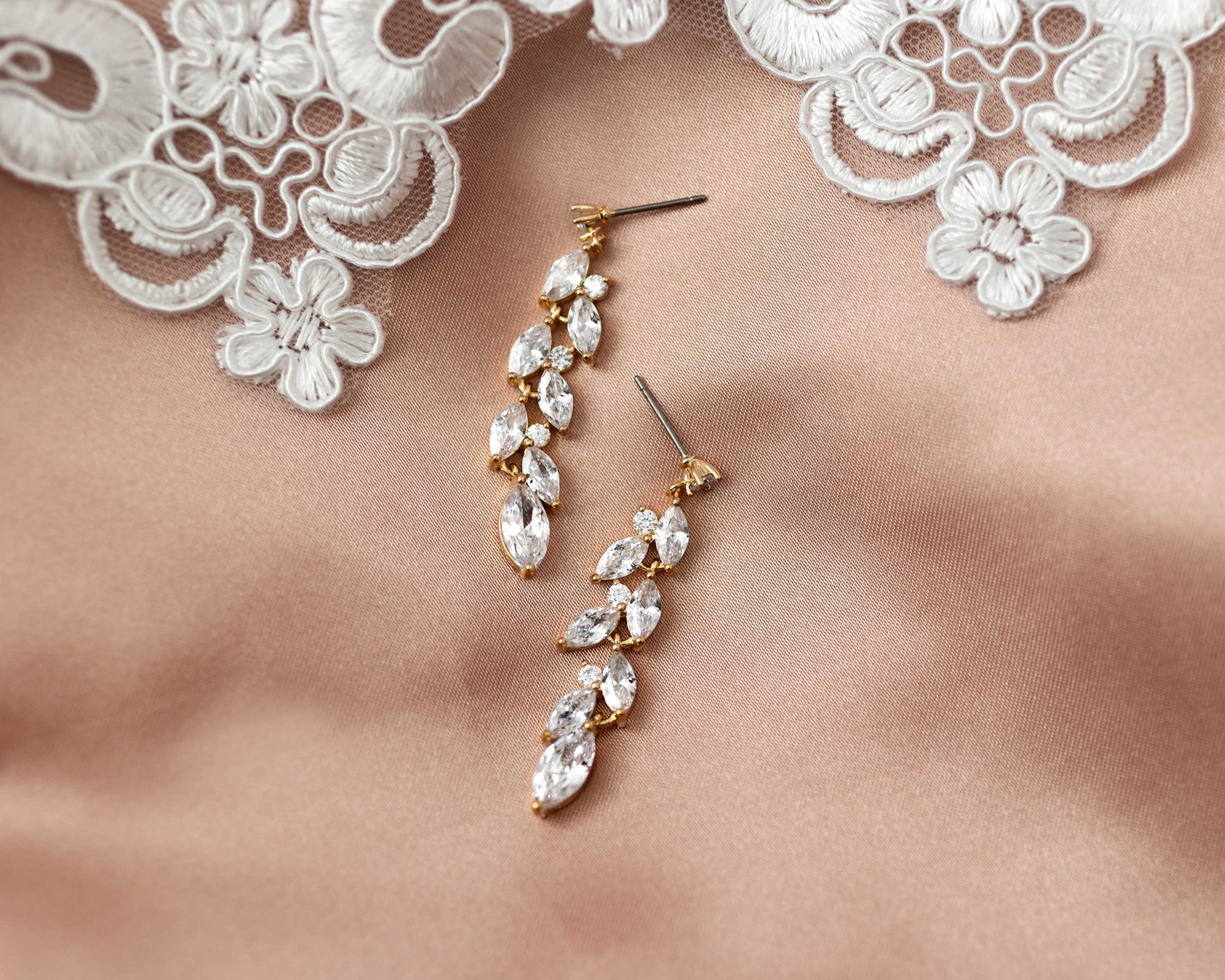 CZ Wedding Earrings with a Marquise Vine Design
