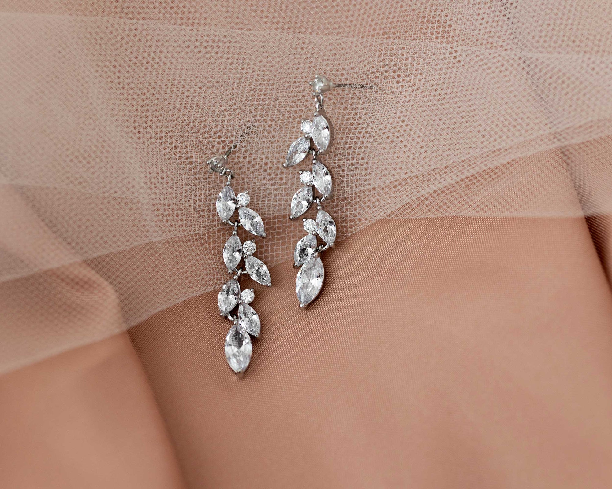 CZ Wedding Earrings with a Marquise Vine Design