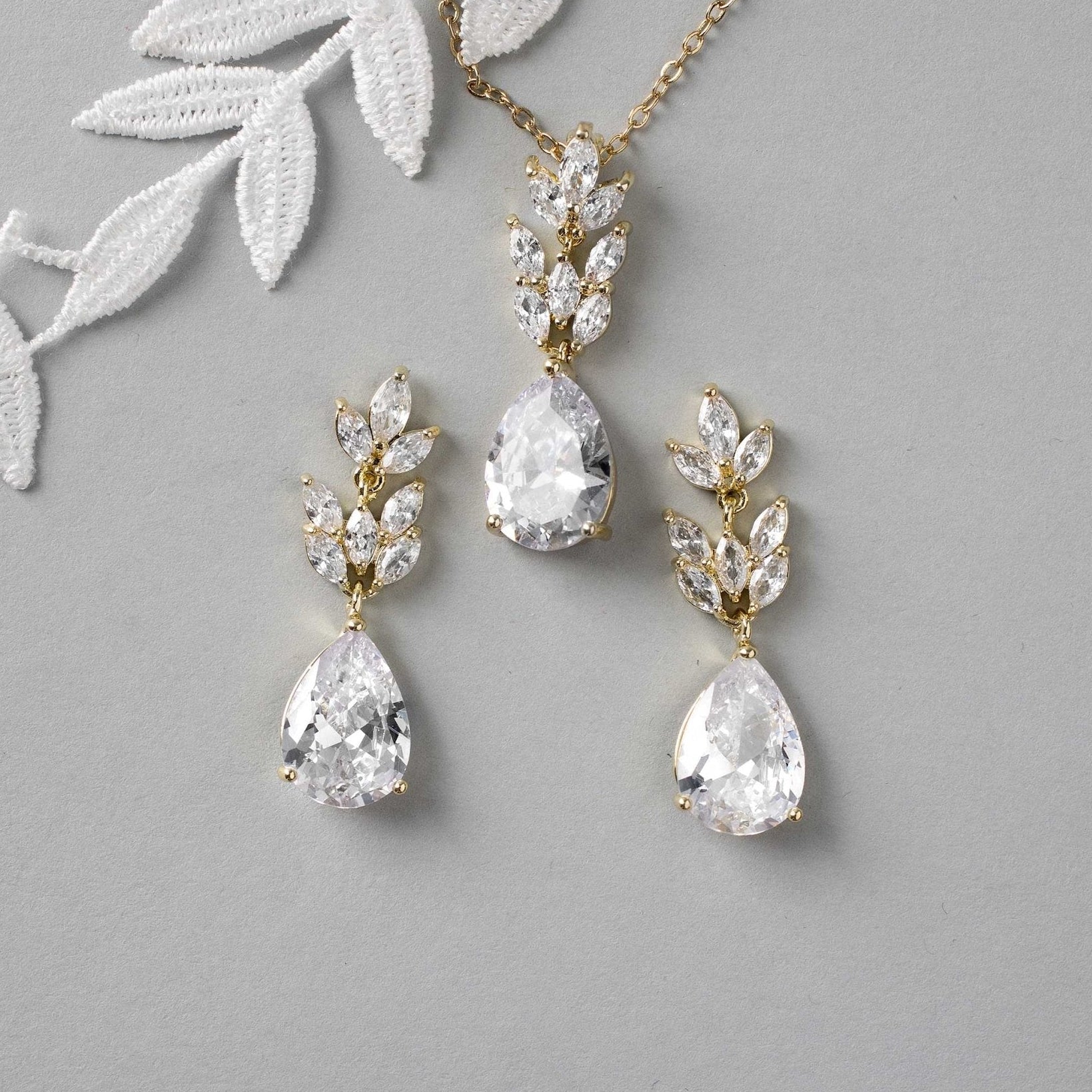 Marquise Water Drop Pendant Necklace Set - Necklace Set - Cassandra Lynne