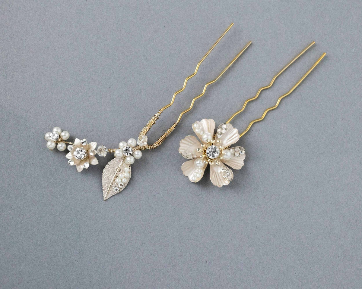 Matte Gold Flower Hair Pin Set for the Bride - Hair Pins - Cassandra Lynne
