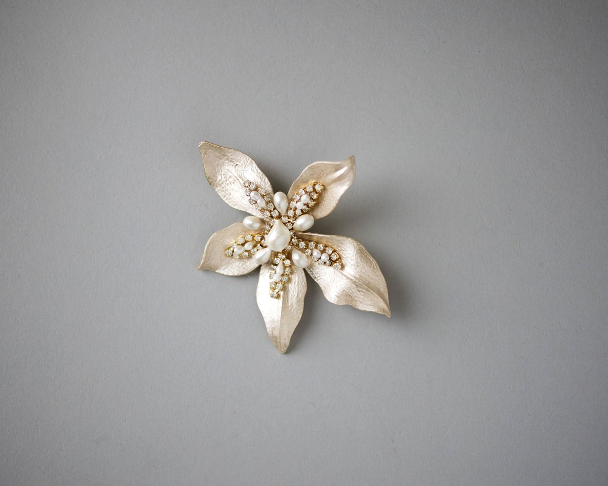 Matte Gold Wedding Hair Flower with Pearls - Hair Clips - Cassandra Lynne