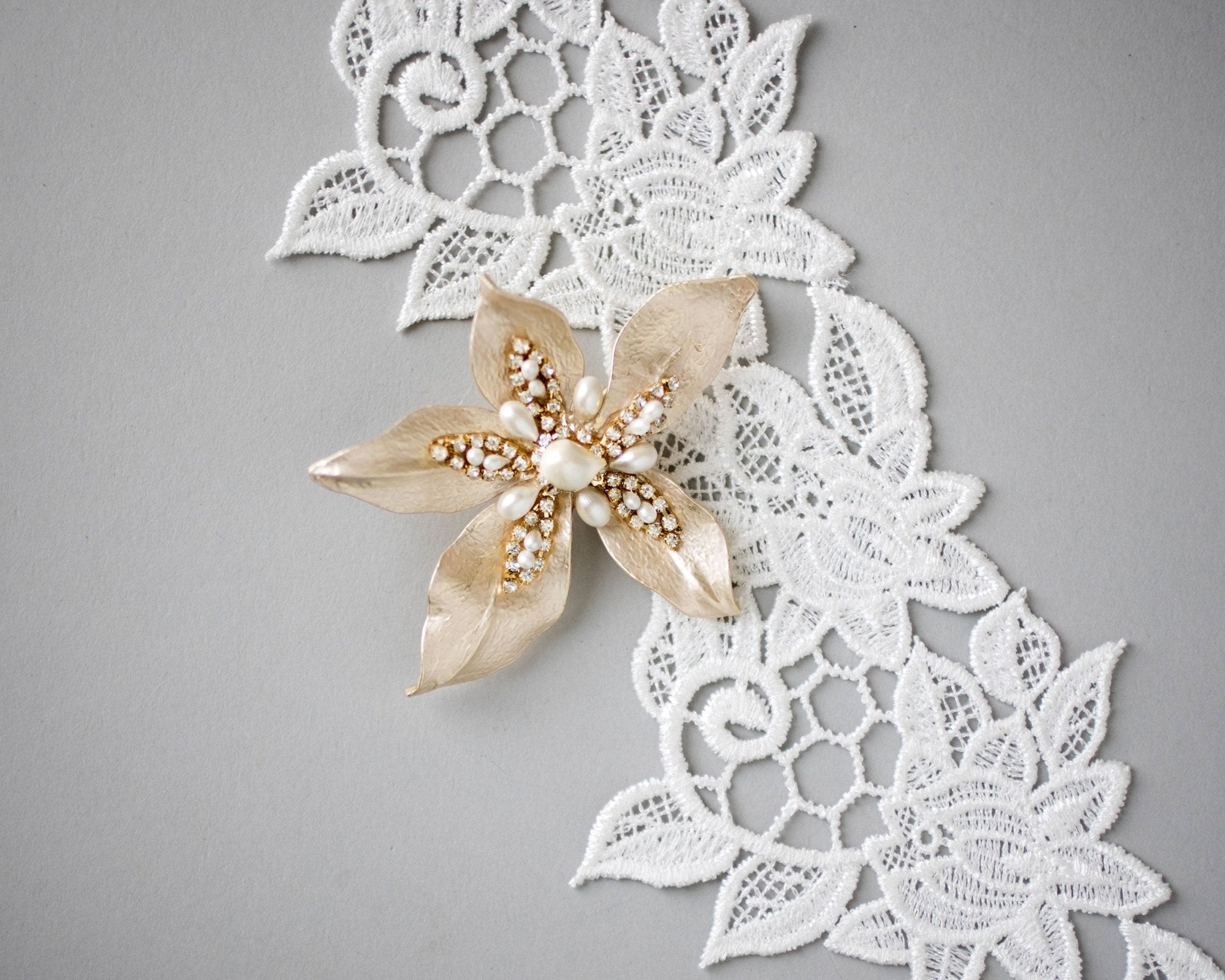 Matte Gold Wedding Hair Flower with Pearls - Hair Clips - Cassandra Lynne