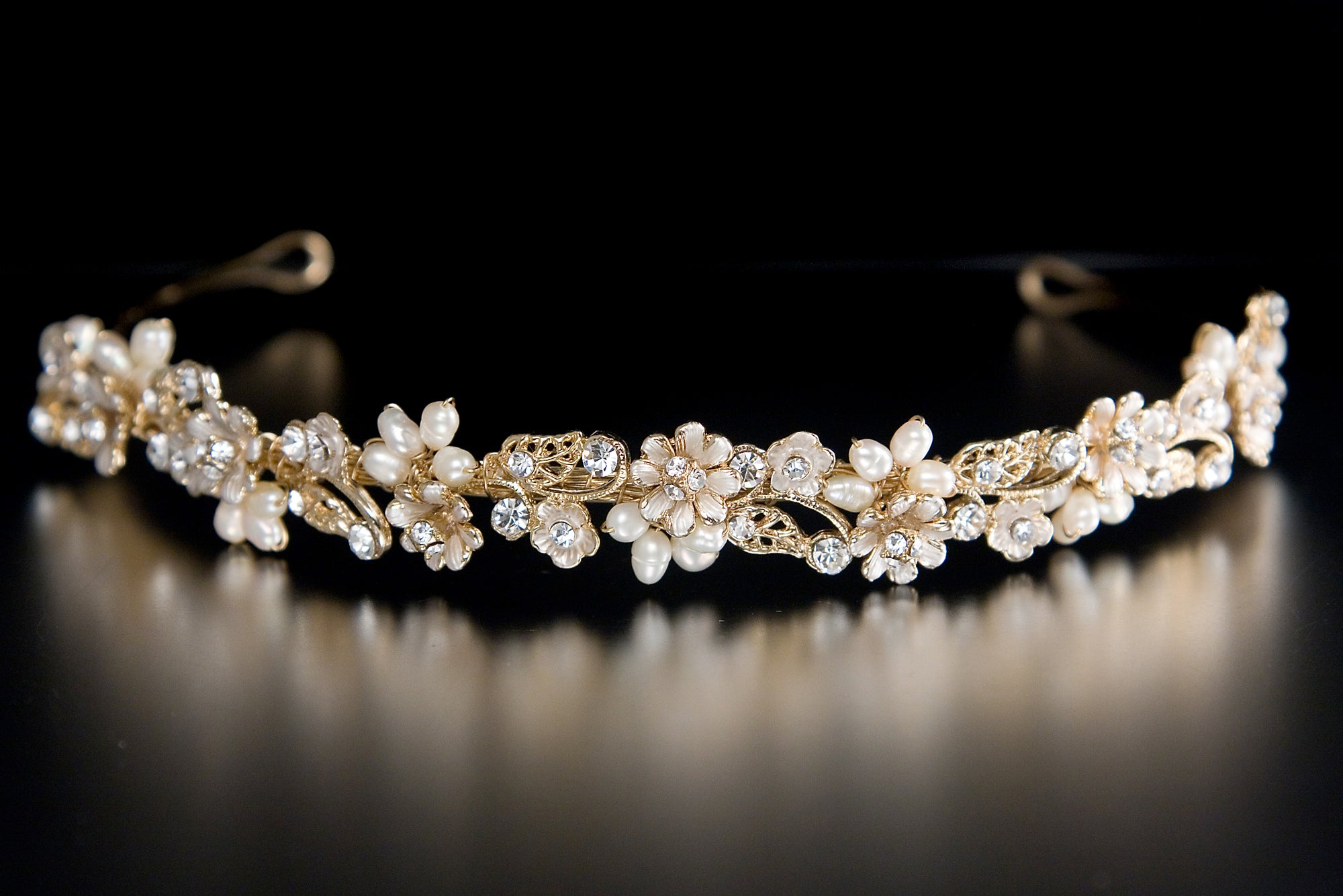 Bridal Tiara of Matte Gold Flowers and Pearls