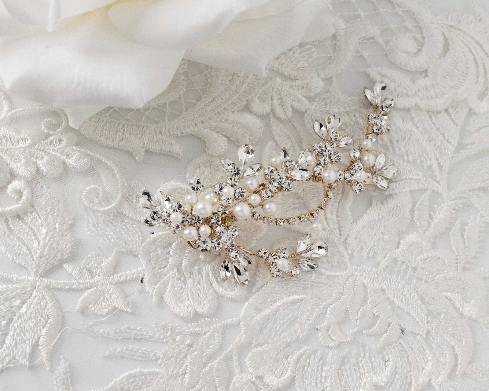 Matte Pearls and Flower Buds Gold Bridal Clip - Hair Clips - Cassandra Lynne