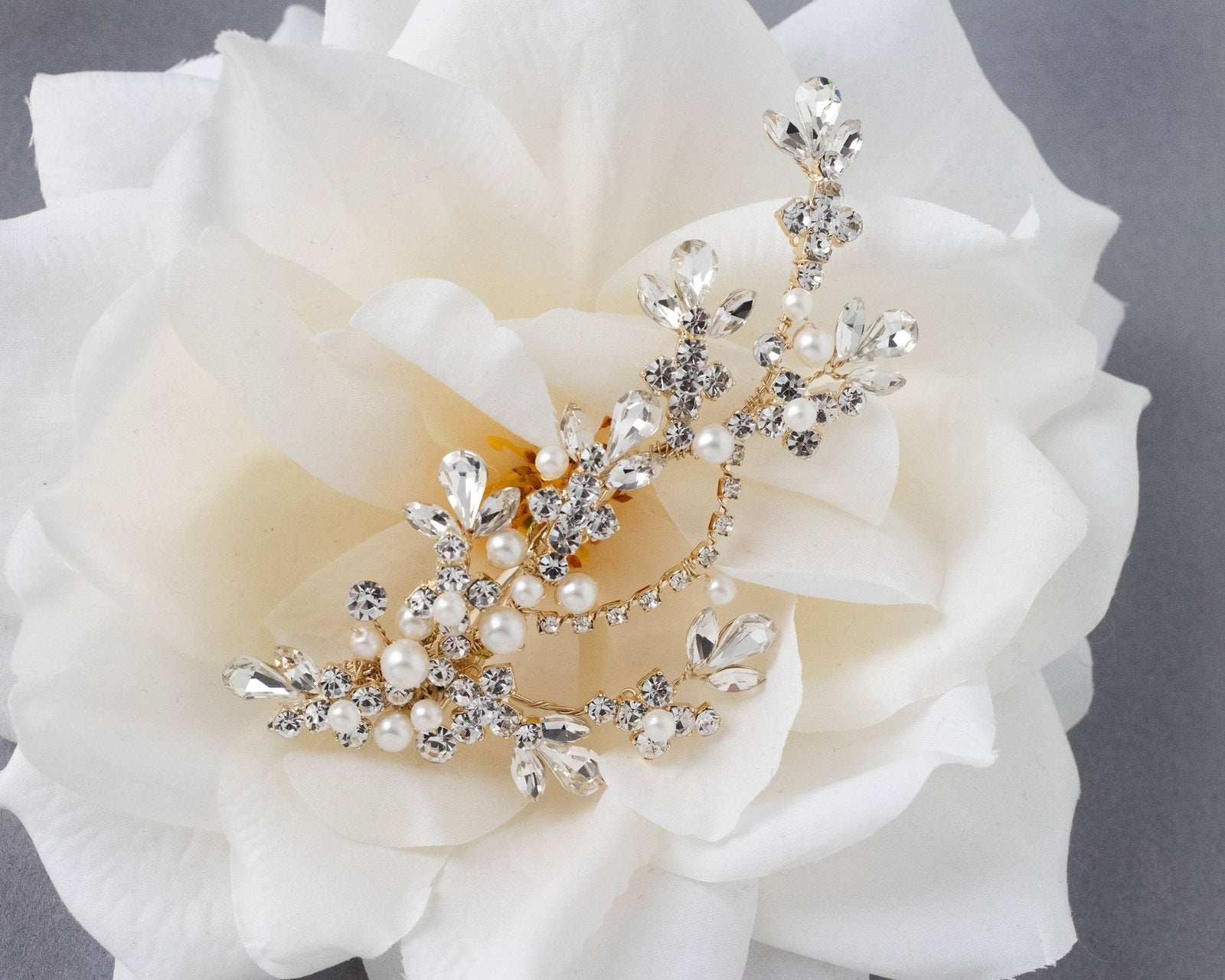 Matte Pearls and Flower Buds Gold Bridal Clip - Hair Clips - Cassandra Lynne