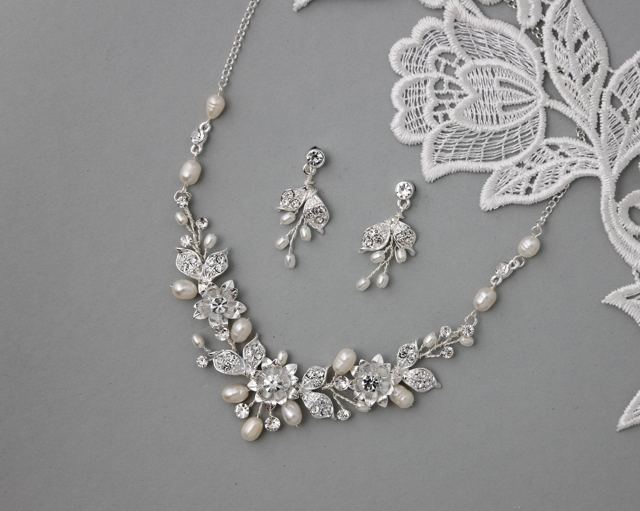 Metal Flowers Wedding Necklace Set - Necklace Set - Cassandra Lynne
