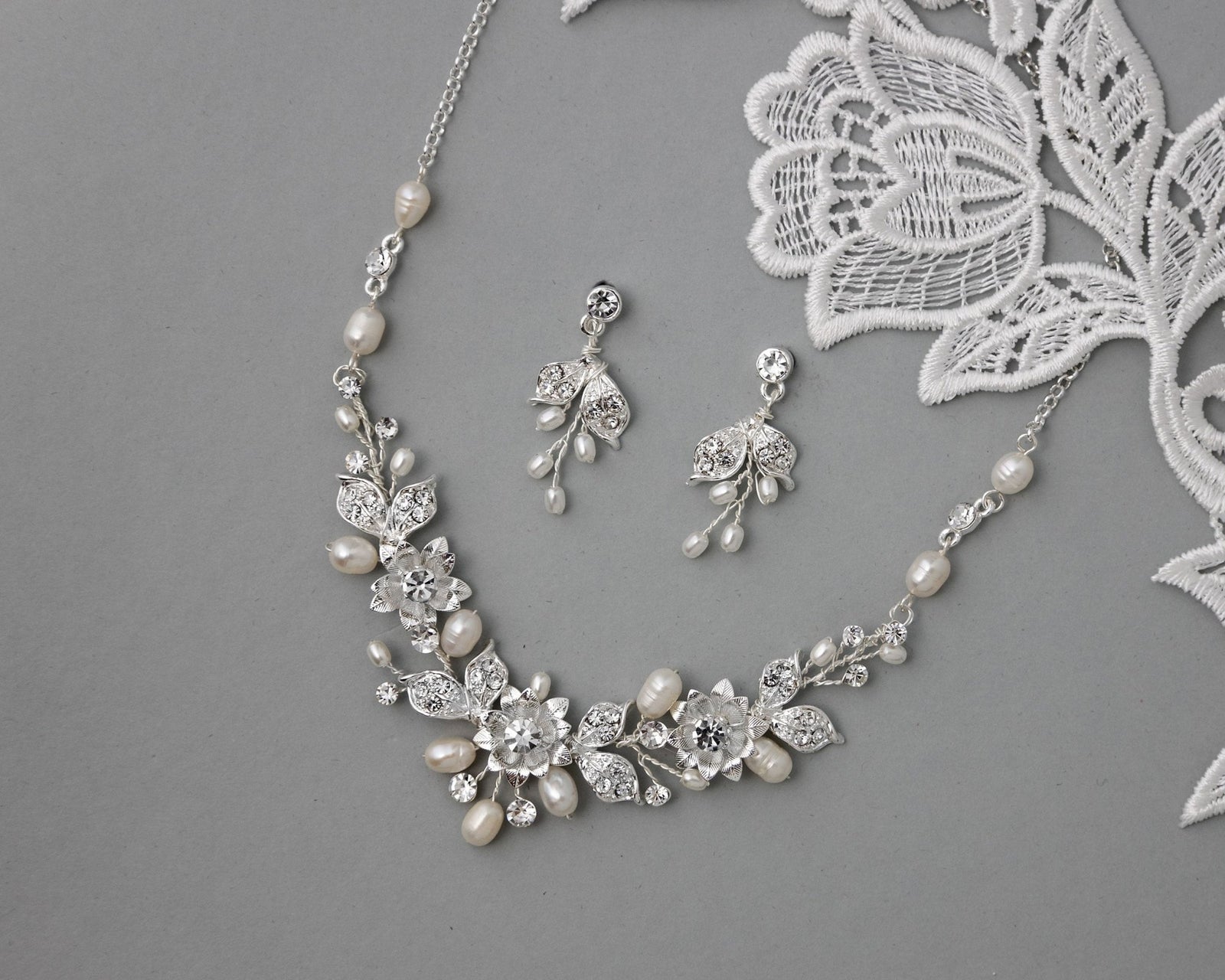 Metal Flowers Wedding Necklace Set - Necklace Set - Cassandra Lynne