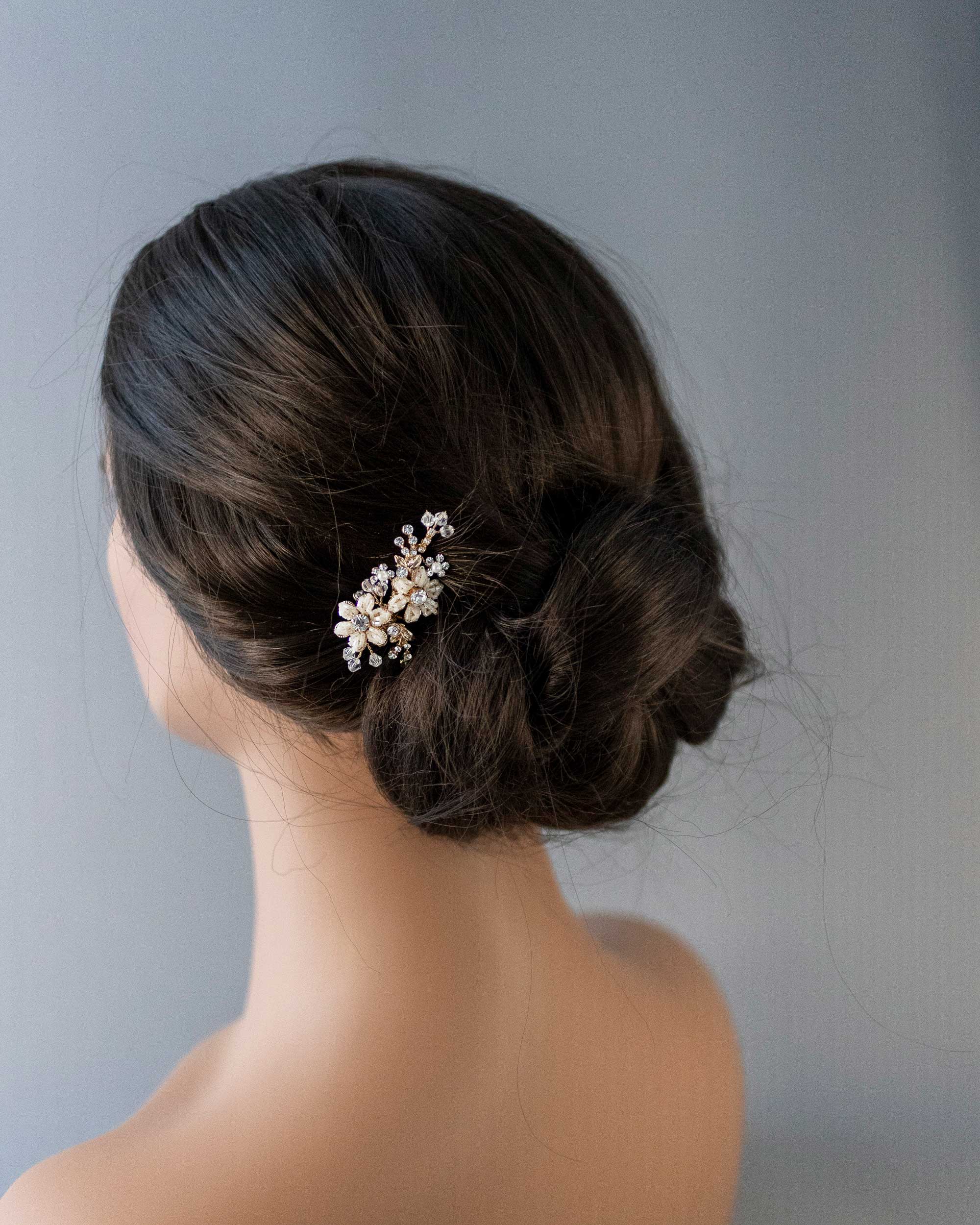 Mini Bridal Hair Comb with Gold Beaded Flowers