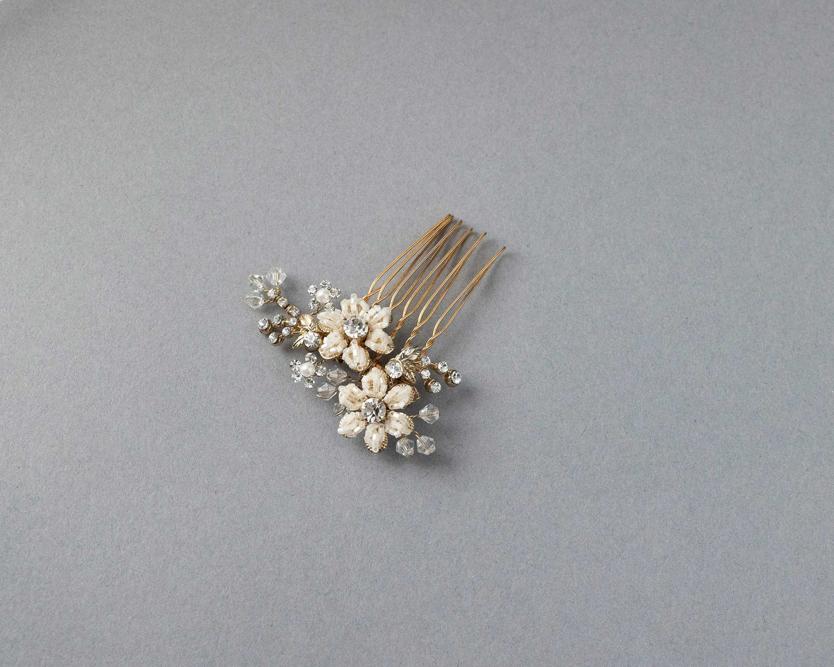 Mini Bridal Hair Comb with Gold Beaded Flowers